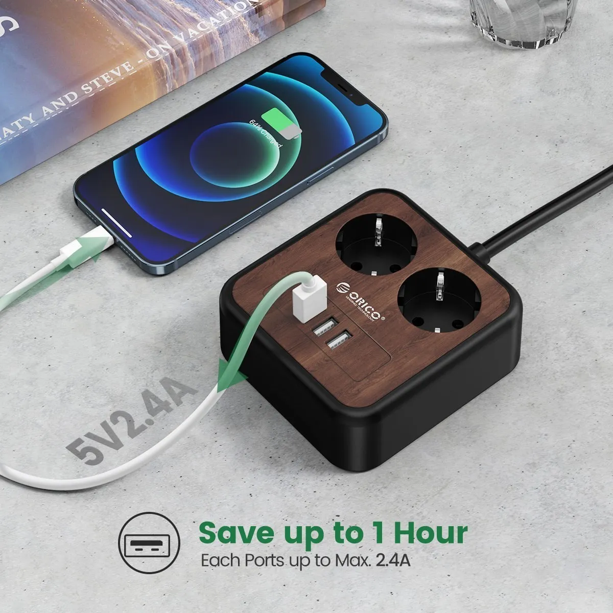 ORICO Portable Power Strip 3m Extension Cable Electrica Socket with 3 USB Ports for Home Wood Grain Double Sockets