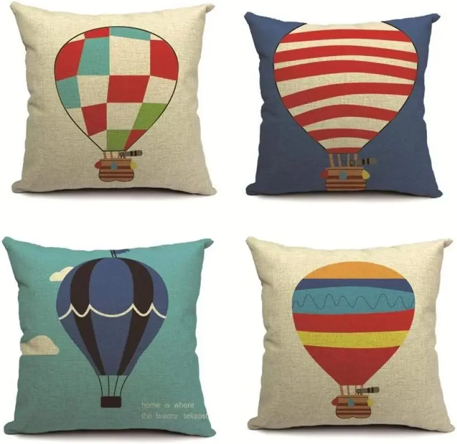 Cushion cover, sofa pillowcase, linen balloon pillowcase, hot air balloon decorative pillowcase household pillowcase, 45X45cm