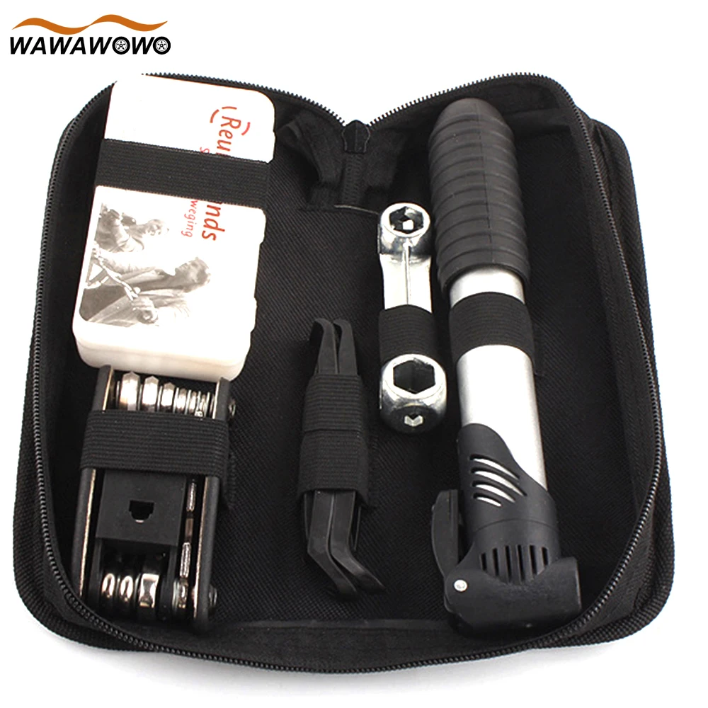 Bicycle Tool Bag Multi-function Folding Tire Repair Kits with Pouch Pump, Glueless Tire Patches, Emergency All In One Bike Tool