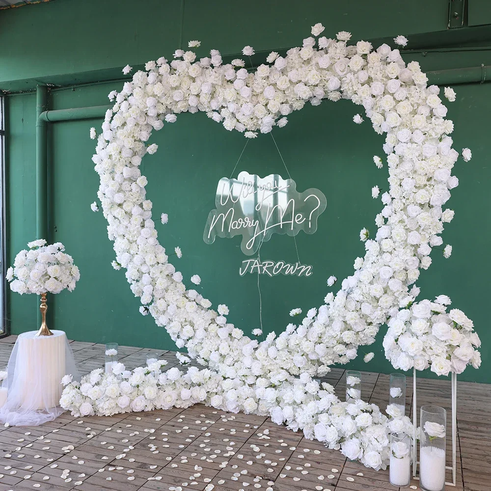 Wedding Event Backdrop Decoration Luxury White Artificial Rose Hydrangea Love Heart Shape Floral Arrangement for Proposal Props