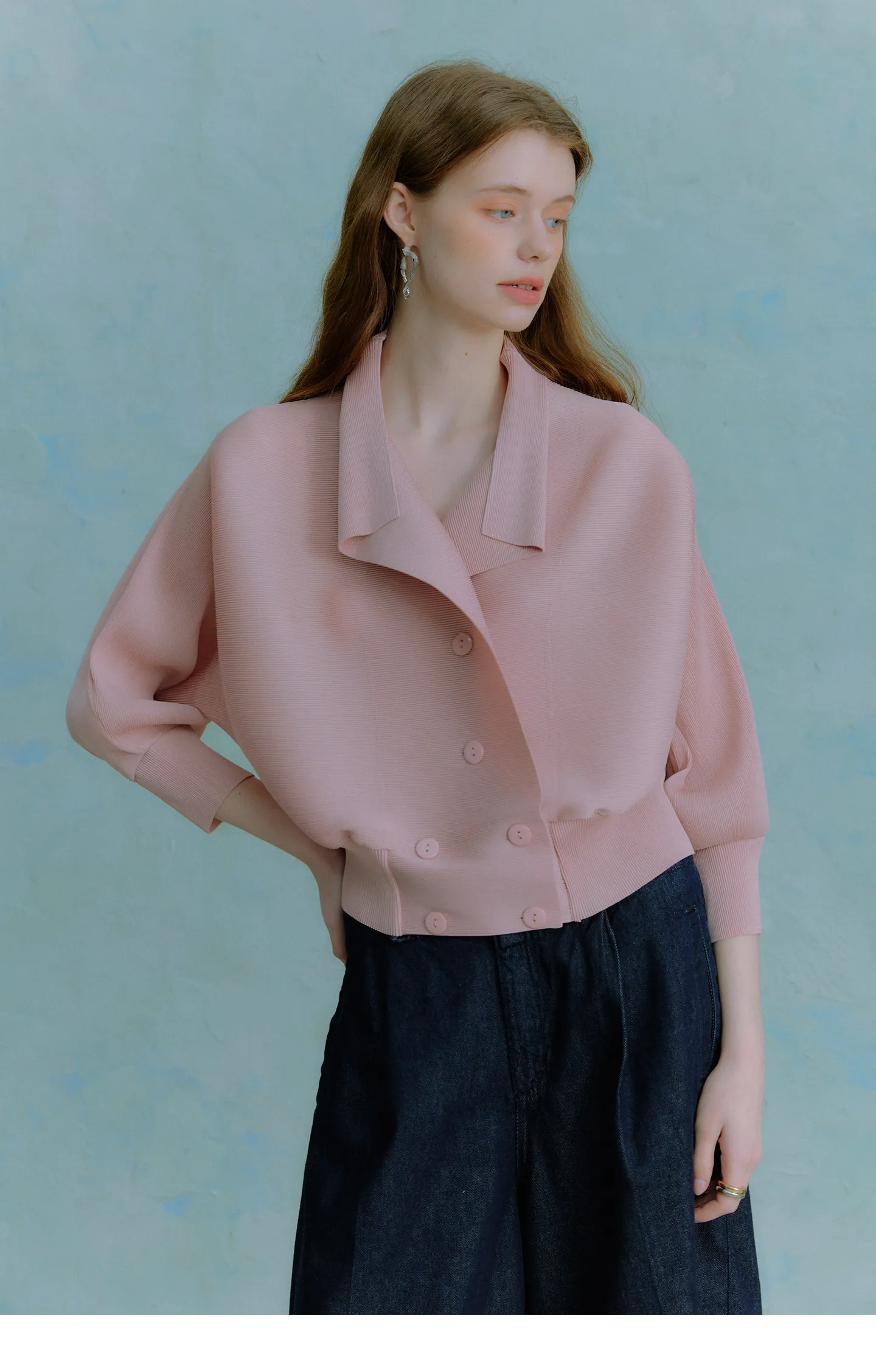 Miyake Plissierter Fledermausärmel-Cardigan für Damen, offene Vorderseite, kurze Jacke, leichte, lässige, elegante Bürojacke, rosa Oberbekleidung – Detail 6
