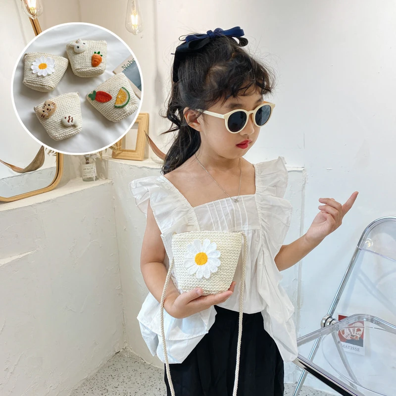 Children‘s Cute Cartoon Crossbody Bag Rattan Straw Shoulder Bag Boho Beach Woven Handbag Purse Leather Messenger Bag