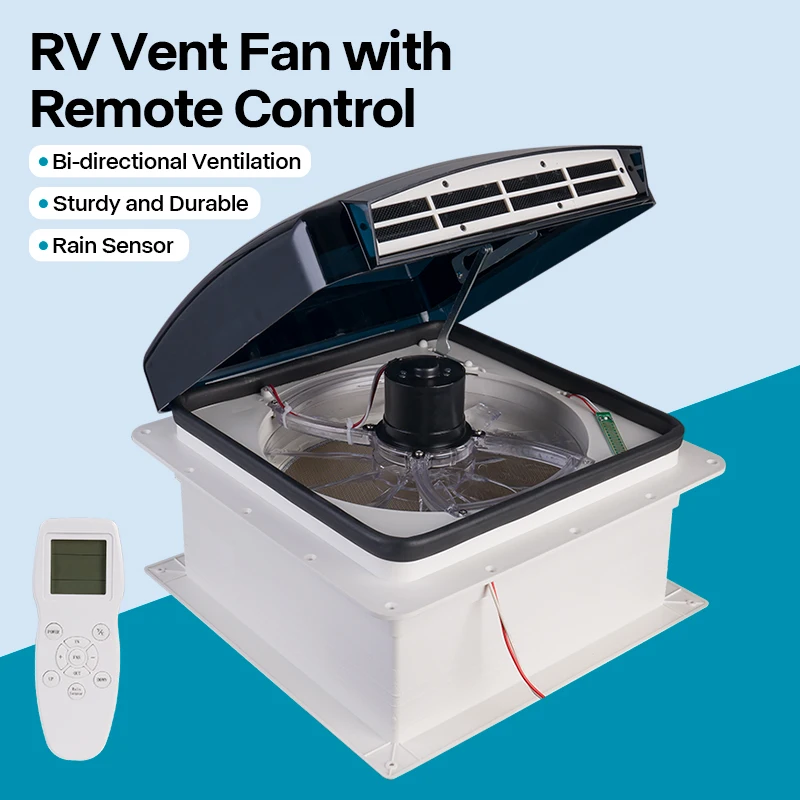 RV Roof Vent Fan 12V 36x36cm 360x360mm Remote Control Rain Sensor 10 Speed Reversible Airflow Electric Lift For Caravan Camper