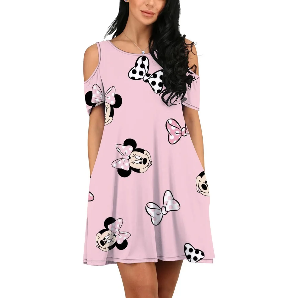 Disney Brand Mickey and Minnie Stitch and Winnie the Pooh Summer Harajuku Slim New Women's Printed Kawaii Off Shoulder Dress