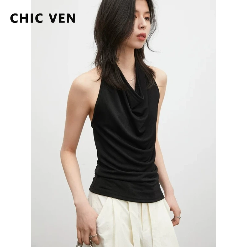 

CHIC VEN Korean Women Tanks New Swinging Collar Hanging Neck Camis Slim Backless Sexy Suspender Ladies Vest Spring Summer 2026