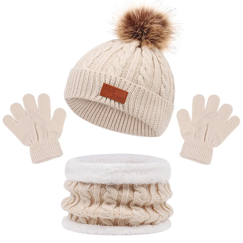 1-5Y Autumn Winter Children Baby Knit Gloves Hat Scarf 3pcs Suit Outdoor Windproof Warm Kids Muffler Hats and Caps for Boy Girl