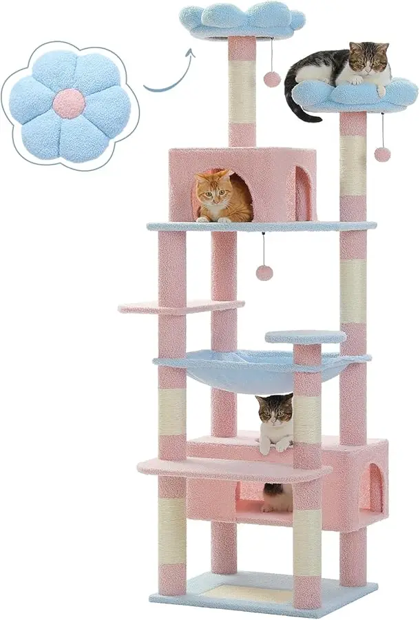 

PAWZ Road Flower Cat Tree, 72 Inches Large Cat Tower with Steel Frame Hammock and 7 Scratching Posts, Tall Cat Tree with 2 Condo