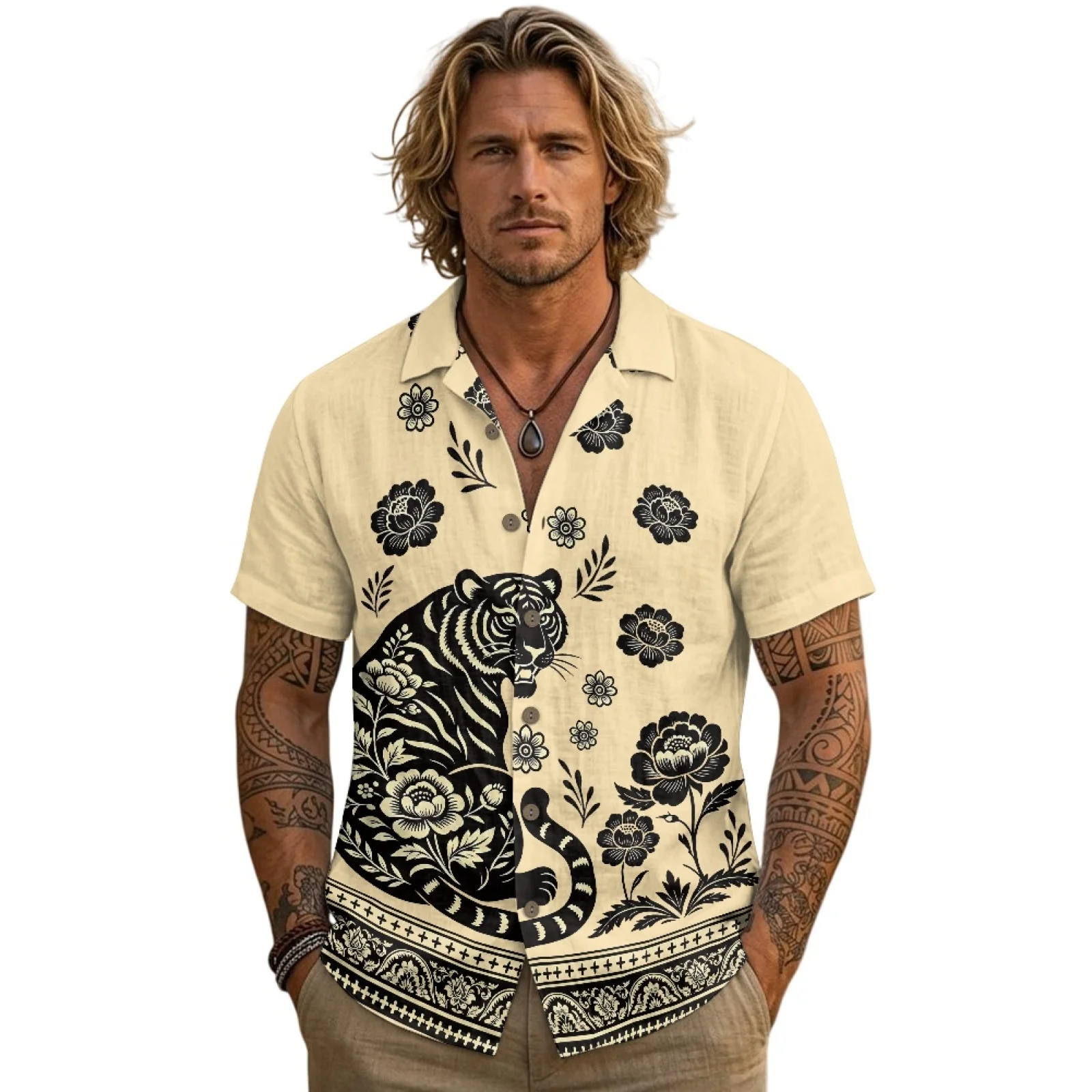 PENSTROLL Floral Tiger Linen Style Short Sleeve Beach Shirt, Breathable Casual Tops for Men, Outdoor Beach Wear S-3XL