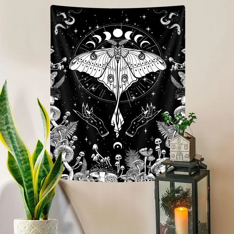 Bohemian Moth and Butterfly Tapestry, Black and White Aesthetic Wall Hanging for Living Room and Apartment DecoR