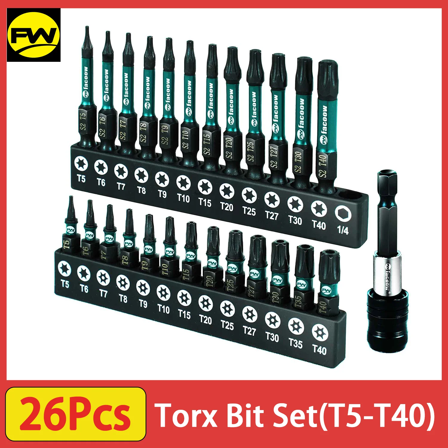 مجموعة لقم توركس مكونة من 26 قطعة (T5-T40) مع أطراف مغناطيسية، مجموعة لقم عزم دوران طويلة مقاس 1 بوصة و2 بوصة وتمديد سريع القفل ذاتي التغيير #1