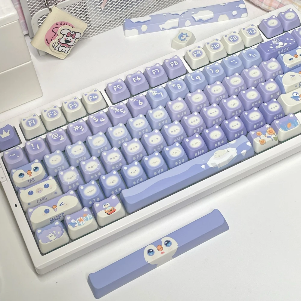 MAO Profile Penguin Valley Theme Mechanical Keyboard Keycaps PBT Material 142 Keys Cute Cat Head Design Keycap Purple Key Cap