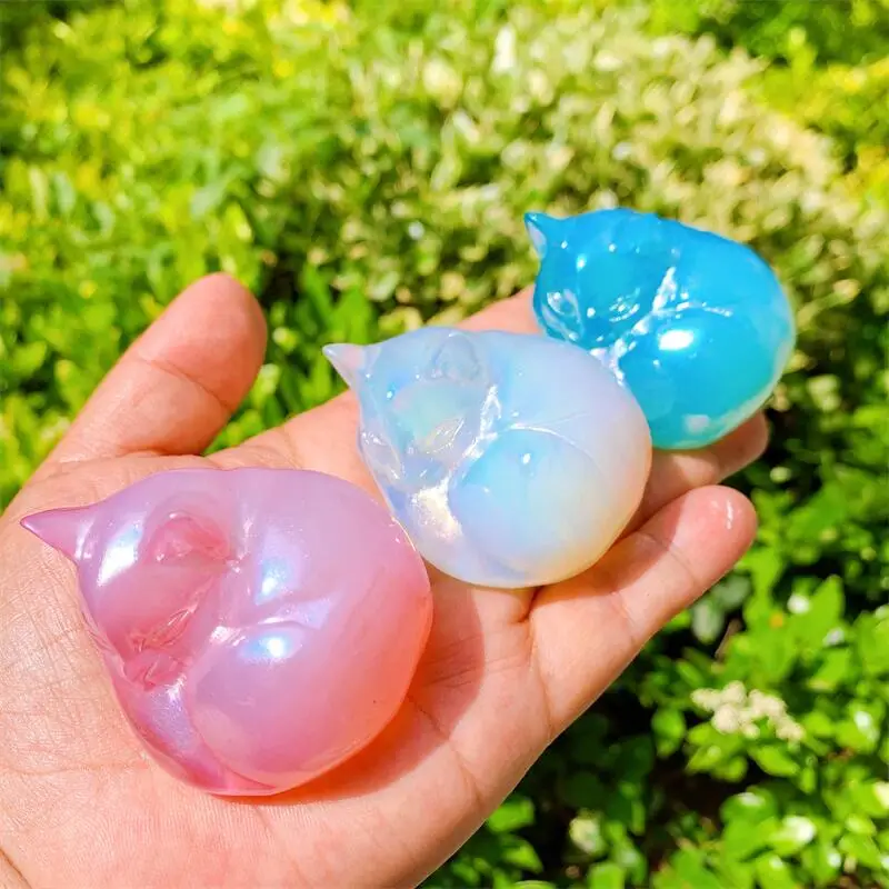 5.5cm High Quality Aura Opalite Sheeping Cat Crystal Crafts Healing Lucky Fashion Home Decoration Birthday Gift 1pcs