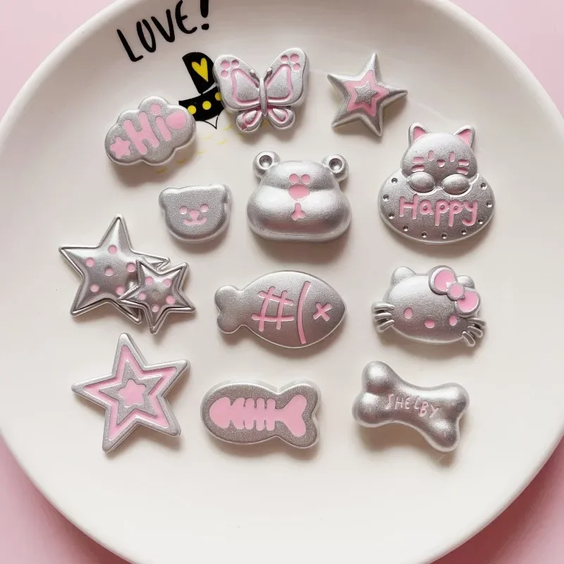 5pcs Cute Silver Pink Hello Kitty Star Resin Flatback Supplies Handmade Fish Bear Resin Charms for Diy Kawaii Resin Accessories