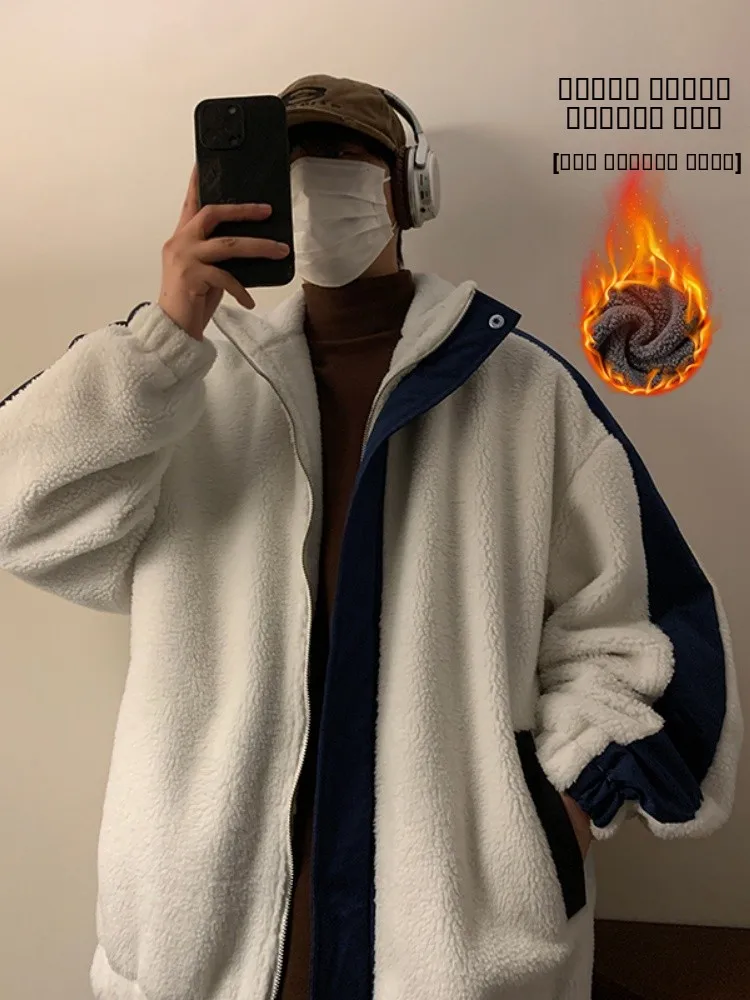 

Мужская зимняя куртка из овечьей шерсти: теплая хлопковая одежда с воротником, молодежная, в американском ретро-стиле, свободного кроя