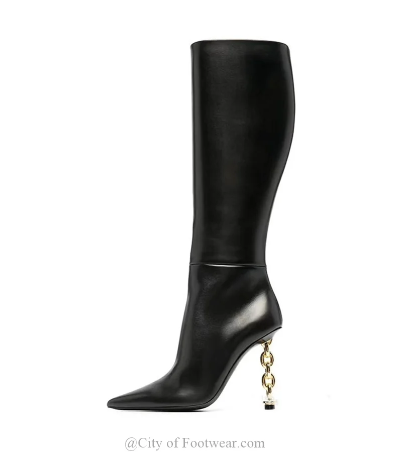 Black Leather Metal Heeled Knee High Boots Women Pointy Toe Zipper Strange Style 2023 Winter New Luxury Designer Boot Shoes