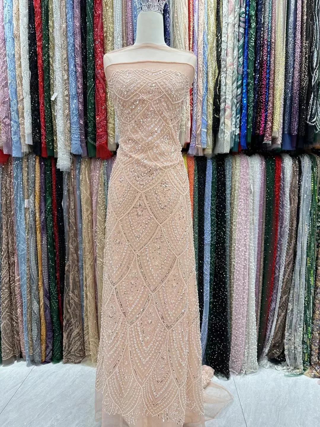 2024 New Fashion Elegant French Handmade Beaded Lace Fabric African Nigerian With Sequins Fabric For 5yards Wedding Dresses