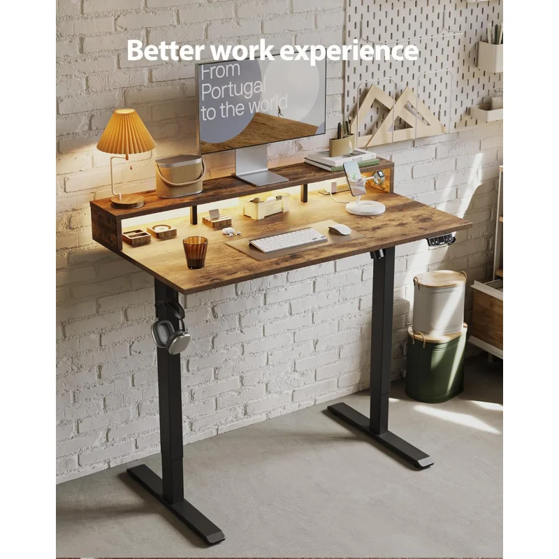(UUX)Electric Height Adjustable Standing Desk with Power Outletand LED Light Strip,SittoStand,Ergonomic 48x24 Rising Des UQ