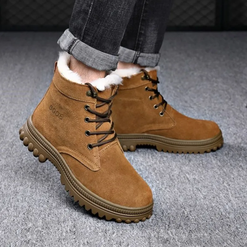 Fashion Men's Winter Boots Cowhide Waterproof Lace-up Boot Warm Wool Plush Fur Snow Shoes Outdoor Hiking Walking Training Shoe