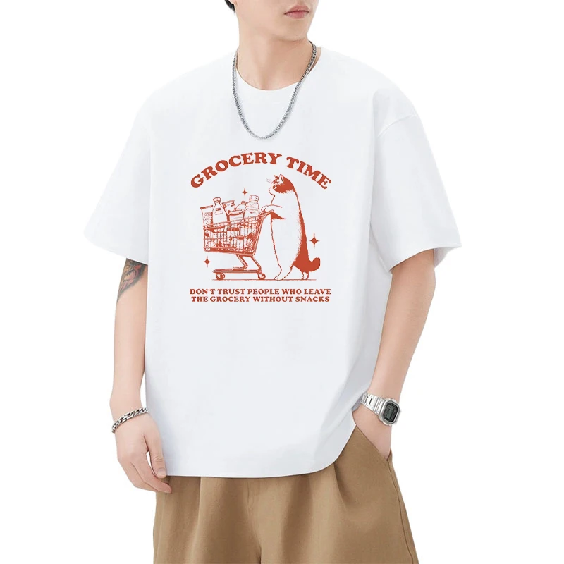 

Cute Cat Grocery Time Funny Meme Graphics short sleeve T-shirts Men Women Summer Casual O-Neck T shirt Oversized Tops Unisex
