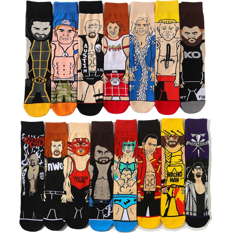 Chaussettes drôles de dessin animé pour hommes, taille 37 à 45, nouveauté imprimée, dessin animé, lutte, Sokken, confortable, Skateboard, Happy