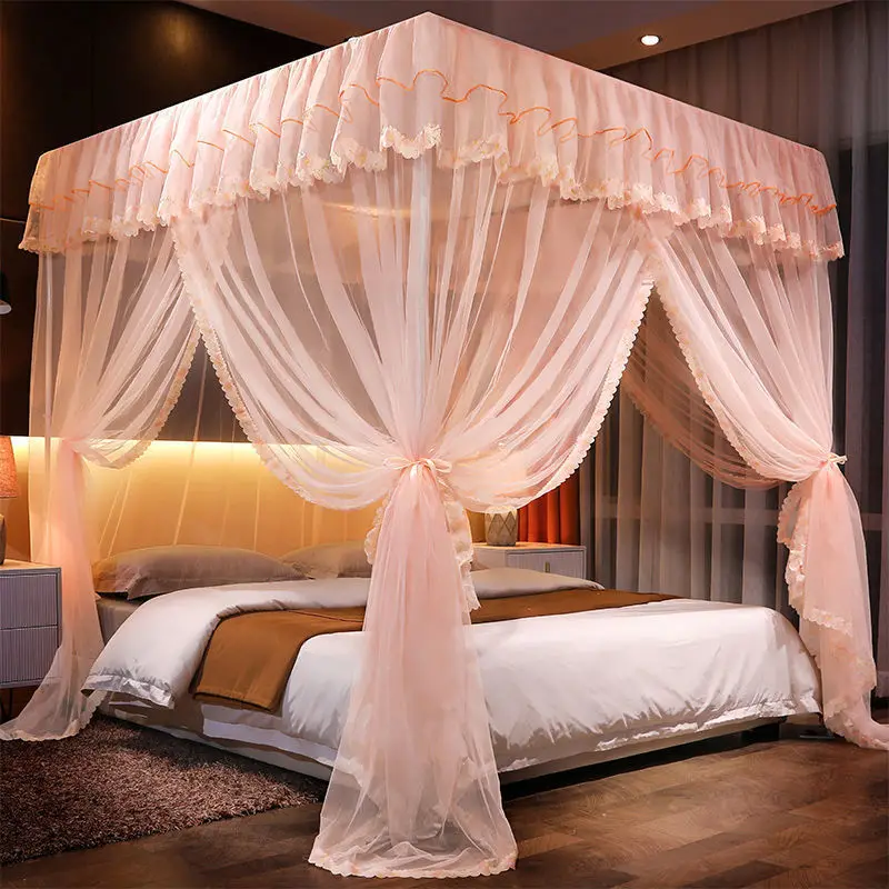 Square Bed Canopy Mosquito Net Lace Trimmed Four Posters Frame For Bedroom Home Decoration Romantic Wedding Bedding Curtain