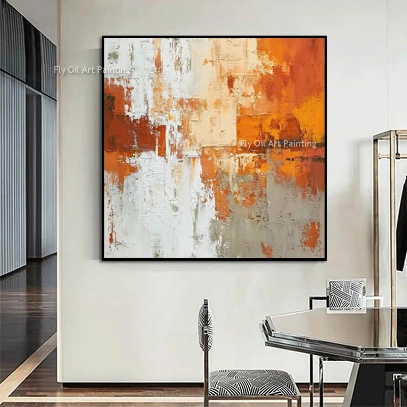 Thick Textured Hand Painted Abstract Wall Art, Orange White Color Block Oil Canvas, Modern Sofa Background Decor