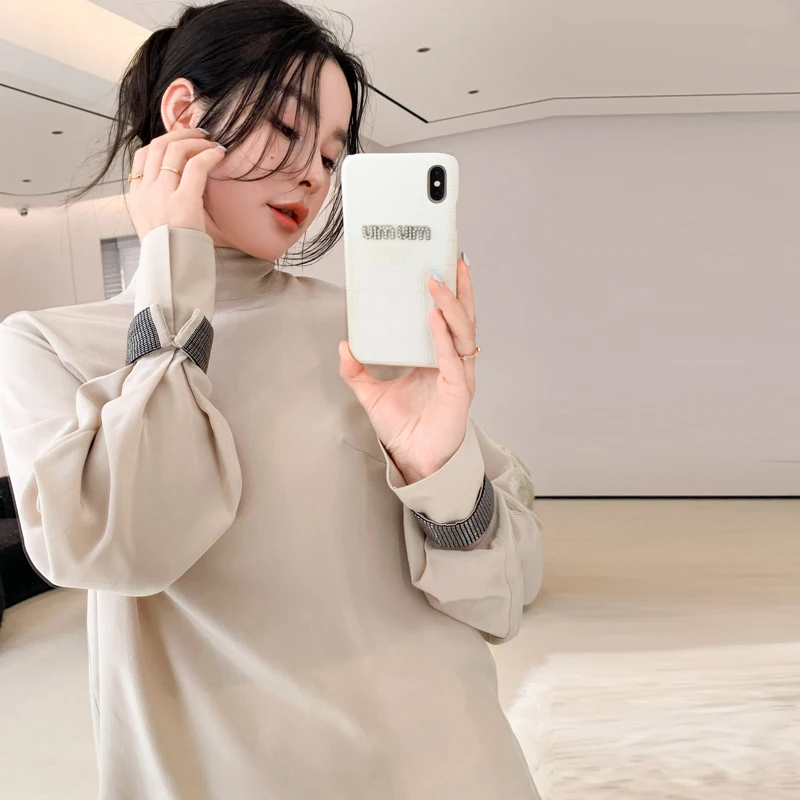 

Шелковое платье с бисерным декором и ручной драпировкой для женщин, с завышенной талией, длинными рукавами, зимний модный комплект