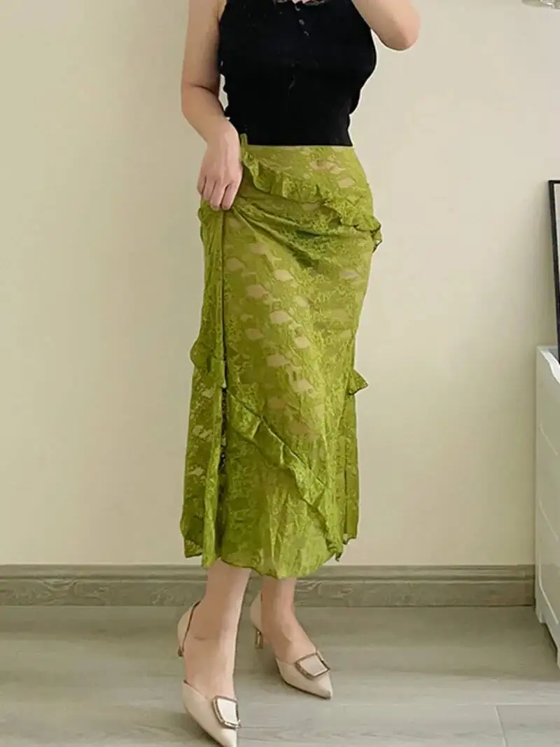 

Прозрачная длинная юбка WOMENGAGA зеленого цвета с асимметричным кроем, модный дизайн, кружевная юбка, новинка 2026 года, сексуальная и дерзкая модель SRV9