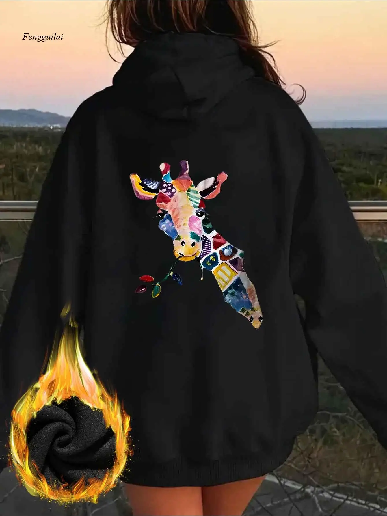 エレガントなカラーのキリンプリントスウェットシャツ |   スタイリッシュな長袖プルオーバーパーカー、クリスマスや冬の服装に