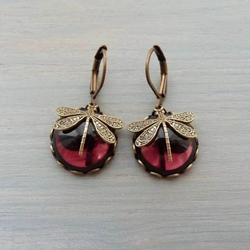 Vintage Bronze Dragonfly Earrings Fashion Gold Color Metal Carving Pattern Inlaid Moonstone Drop Earrings for Women Jewelry image 2