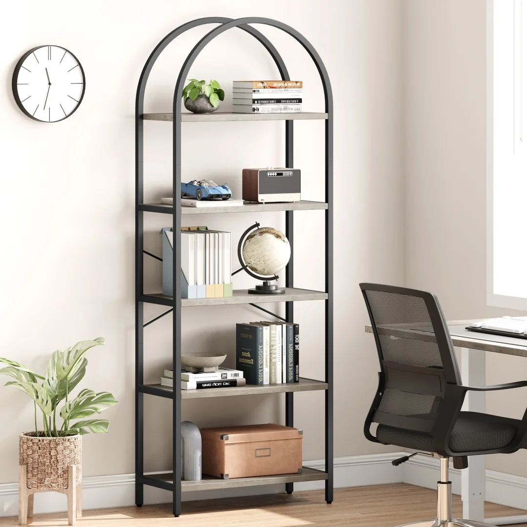 

5 Tier Bookshelf Arched Display Shelves Tall Standing Bookshelves Metal Frame Modern Storage Rack Shelf Large Wooden Bookcase