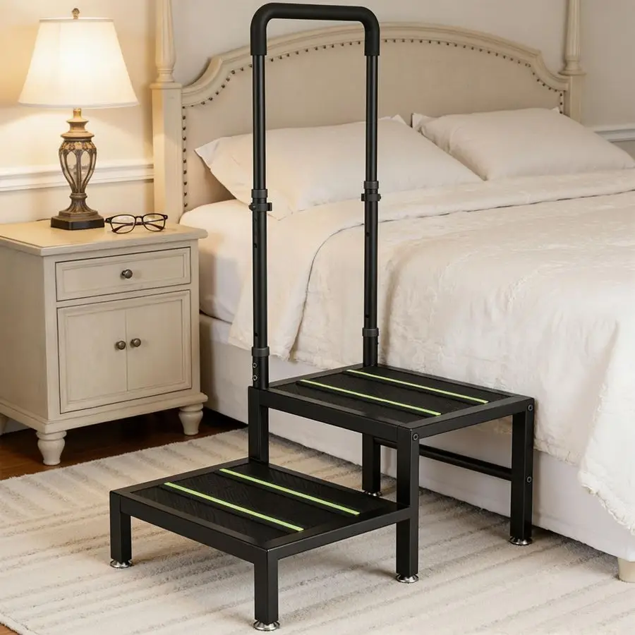 

Step Stool with Handle, Heavy Duty Step Stool for Elderly and Adults, Adjustable Handrail with NonSlip Platform, Bedside Steps f