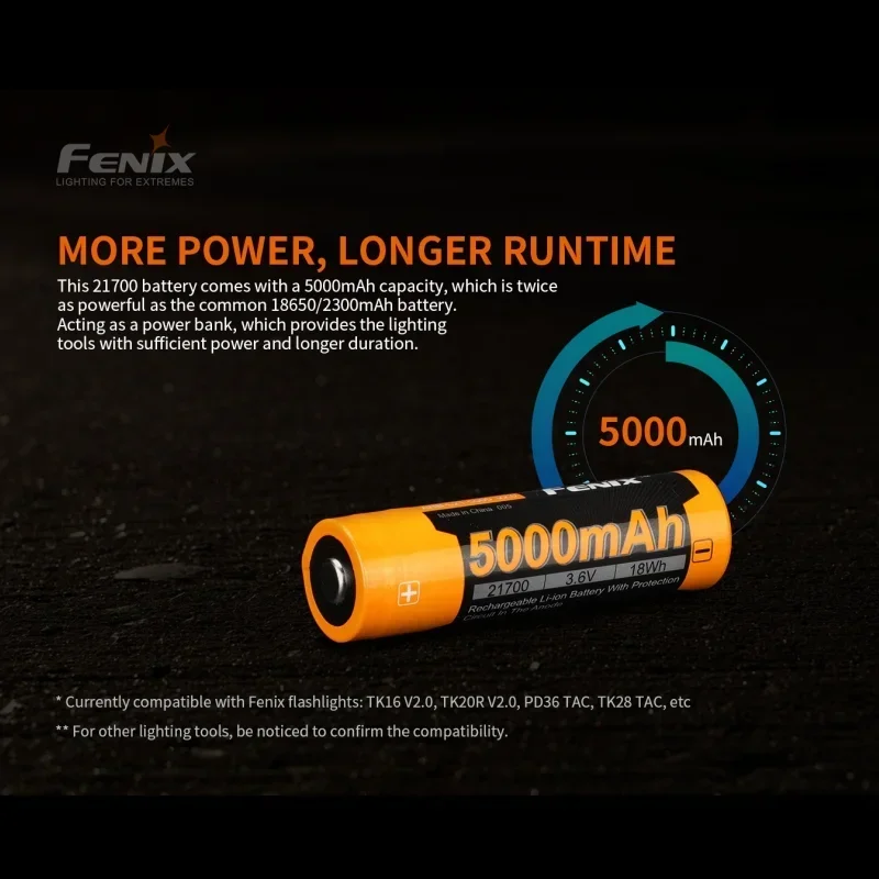 Fenix-充電式大容量バッテリー,複数の保護電池,v2.0,ARB-L21-5000,21700 mah,tk20r v2.0,ヘッドランプ用