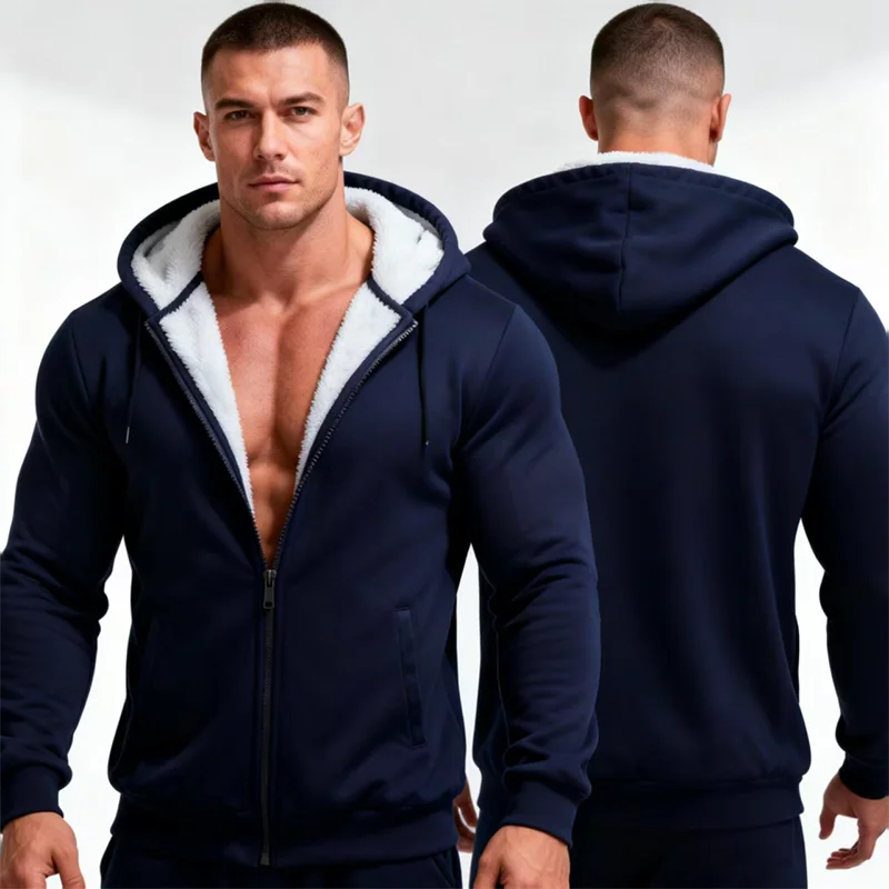 

Men's Autumn and Winter Hoodie Jacket, Trendy Fleece-Lined Thickened Sports Suit Solid color zipper outdoor activities clothing