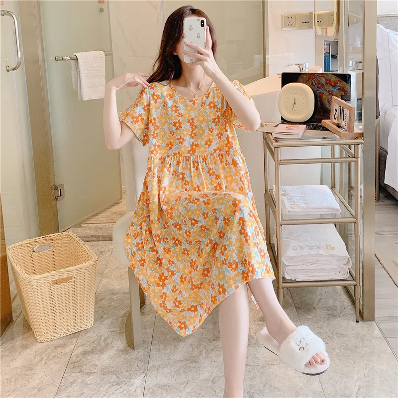 Summer Ladies Cotton Silk Nightgown Female Spring and Autumn Leisure Short-Sleeved Large Size Pajamas Thin Section Homewear