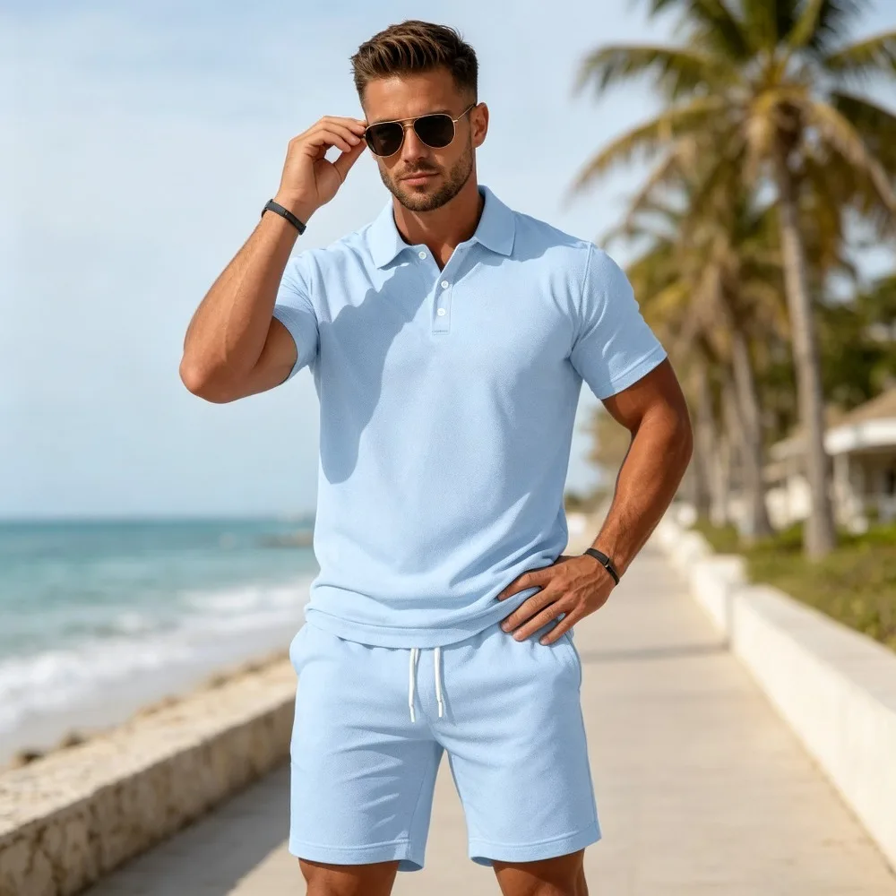 Men Summer Casual 2 Piece Tracksuit Outfit Solid Color Short Sleeve Lapel Collar Top Drawstring Shorts Beach Daily Wear