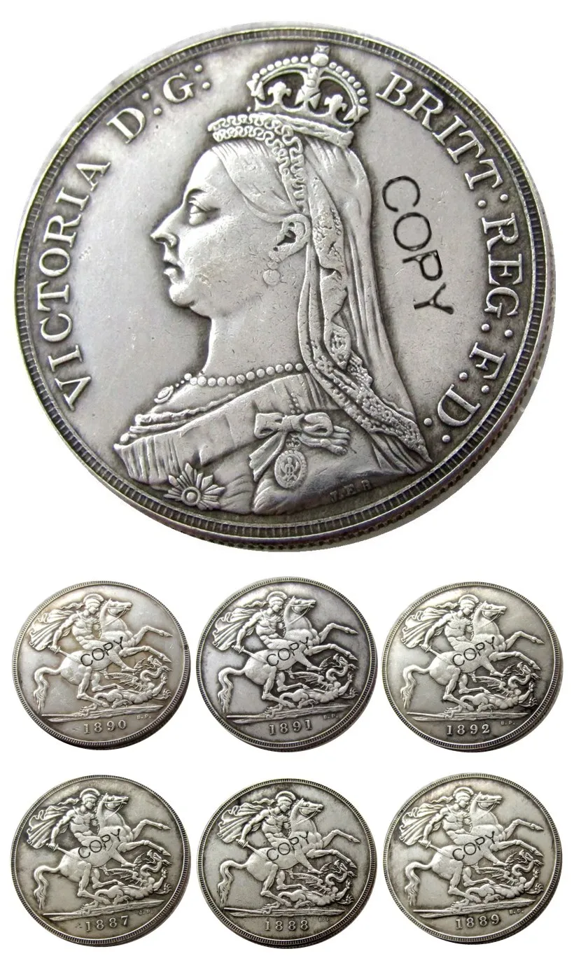 

England UK A Set Of (1887-1892) 6pcs One Crown Queen Victoria Silver Plated Copy Coin