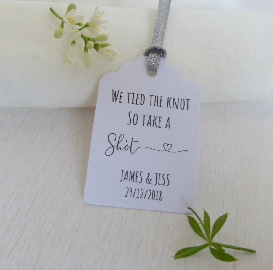 50pcs We Tied the Knot Now Take a Shot Personalised Wedding Favour Tags, Wedding Thank You Tags, Size 3x4.5cm