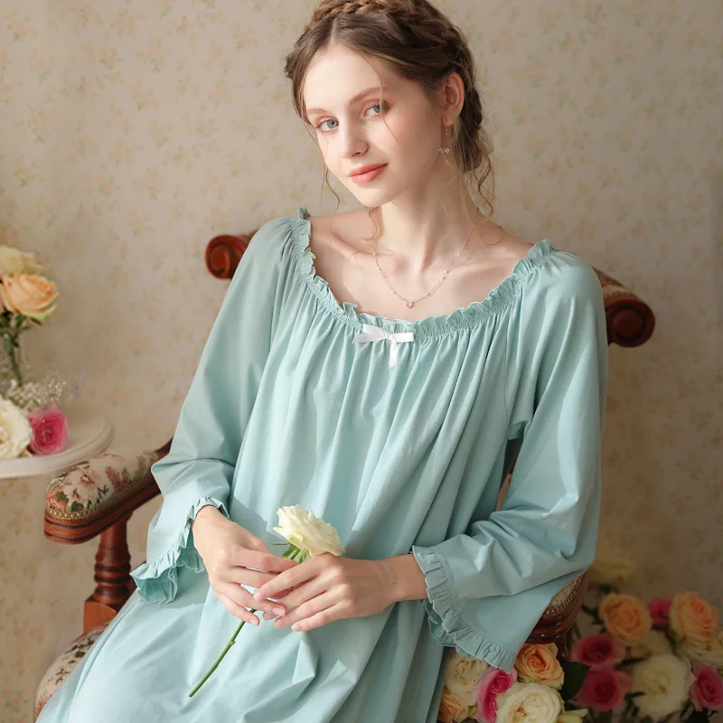 Vintage Cotton Loose Night Dress Women Spring Autumn Kawaii Ruffles Long Sleeve Sleepwear Princess Nightwear Nightgown Home Wear