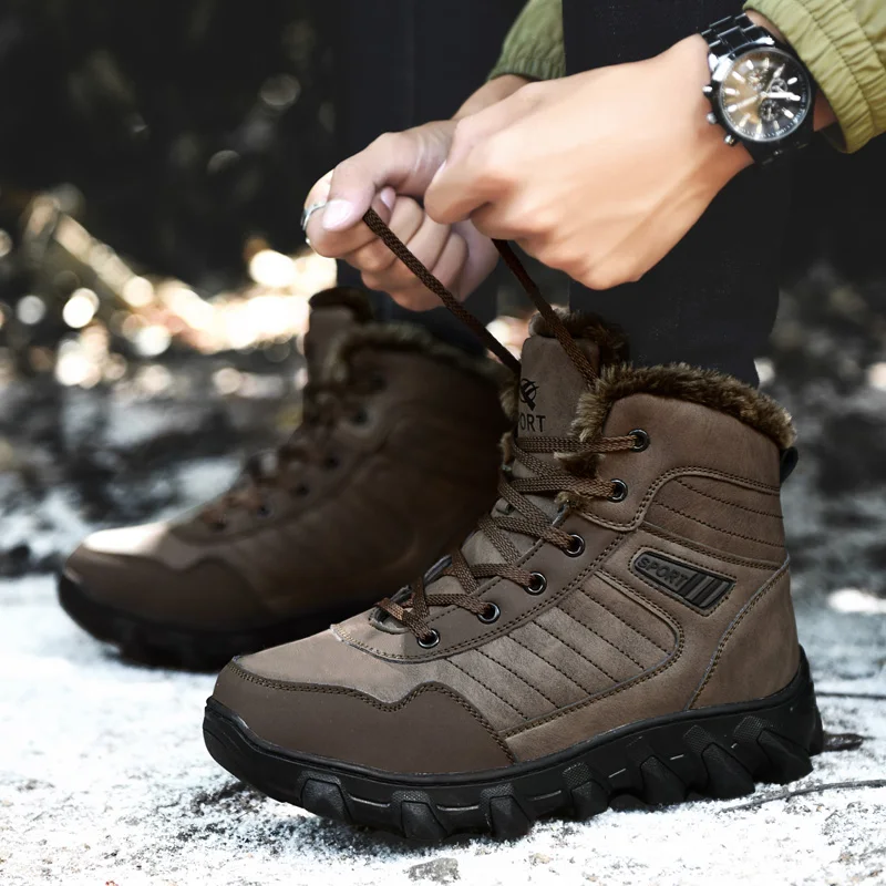 

Outdoor Winter Snow Boots Men Shoes Anti-slip Casual Soft High-top Boots Men Walking Shoes Plush Outdoor Flat Hiking Boots Men