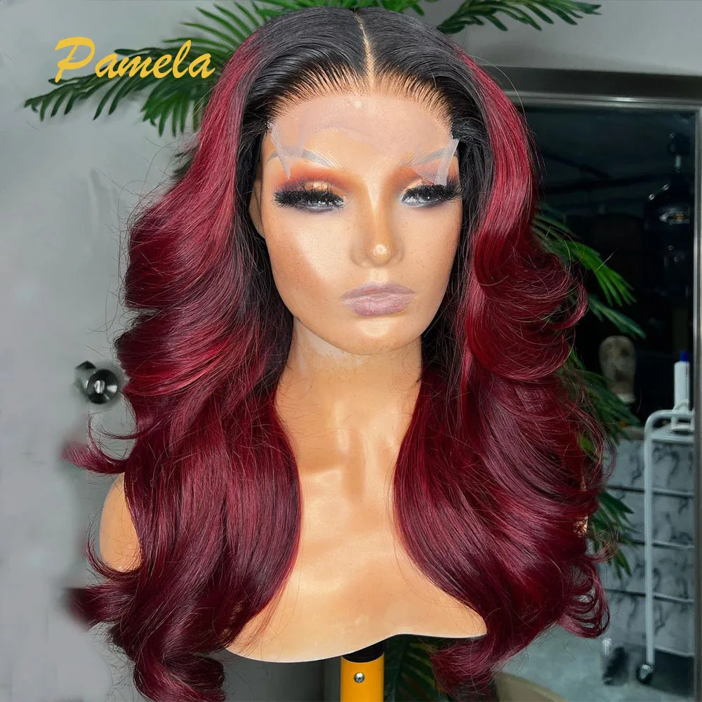 Peruca sem cola com frente de renda transparente, cabelo humano pré arrancado, onda corporal colorida, Ombre 1B, 99j, 13x6 HD, pronto para ir