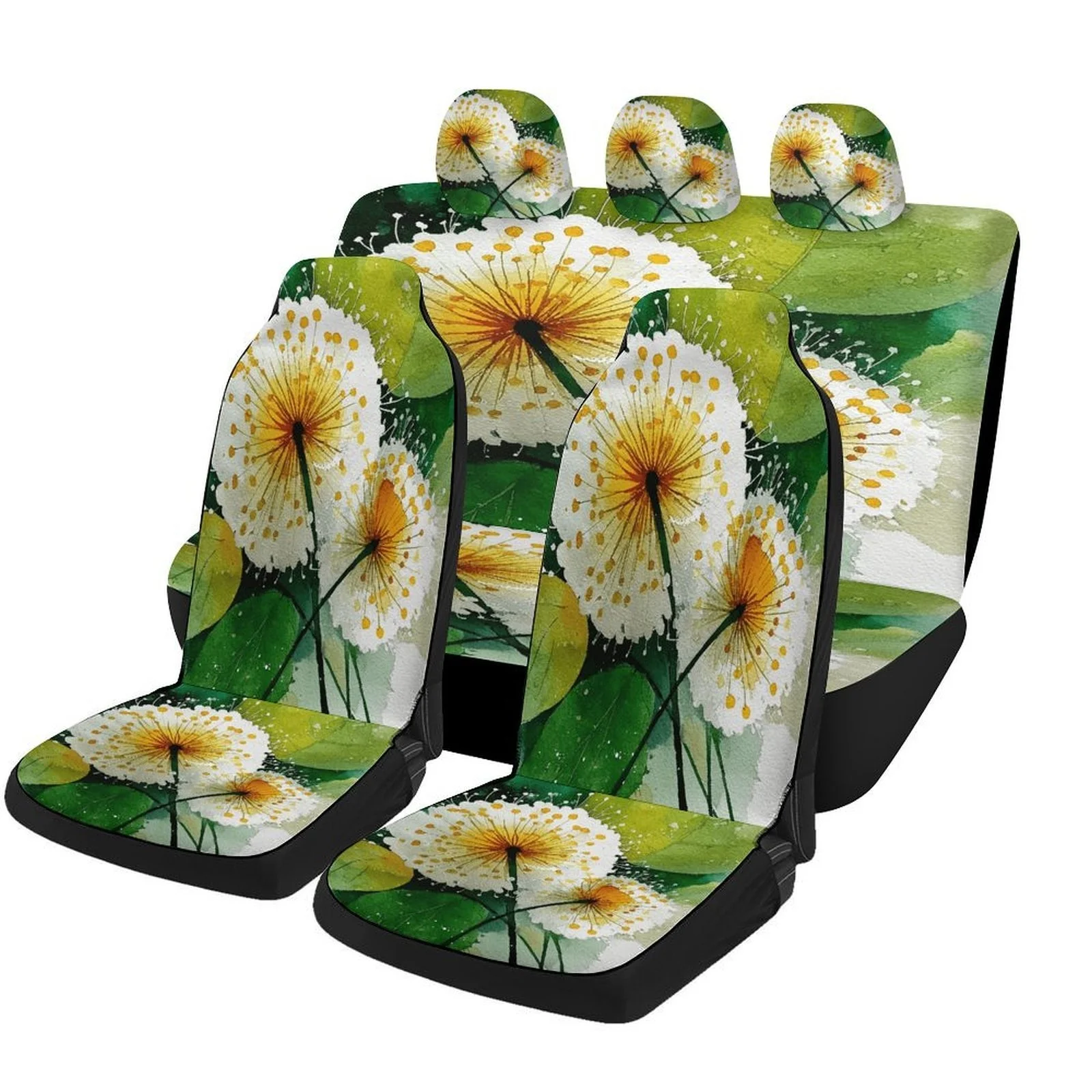 Set Of Car Seat Covers With A Green Floral Design, Suitable For Various Vehicles. Stylish And Unique, This Complete Set Includes