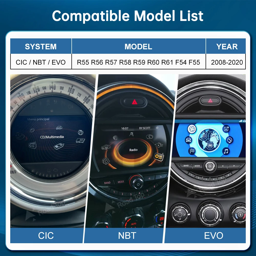 RoadTop Wireless CarPlay Android Auto لـ Mini R55 R56 R57 R58 R60 R61 F54 F55 F56 كلوبمان كونتري مان كوبر جون كوبر يعمل