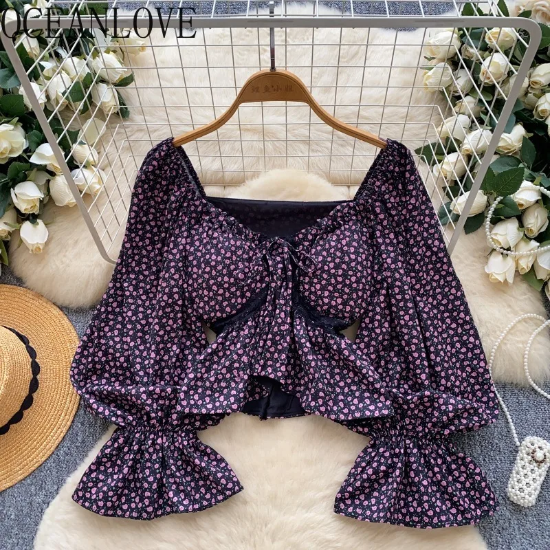 

OCEANLOVE Sexy Print Flowers Shirts&blouses Women Tops Slash Neck Flare Sleeve Blusas Mujer Korean Fashion Retro Camisas