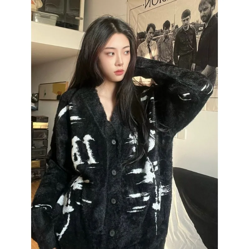 QWEEK Black Vintage Sweaters Women Oversized Knitted Cardigan Korean Style Jumper Y2k Streetwear Gothic Harajuku Sweater Winter