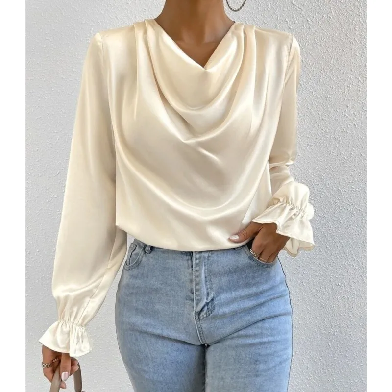 2025 Women Blouses Chiffon Folds Elegant Y2k Tops Long Sleeve Round Neck Shirt Pleated Shirts Pullover Office Work Tops Outfits