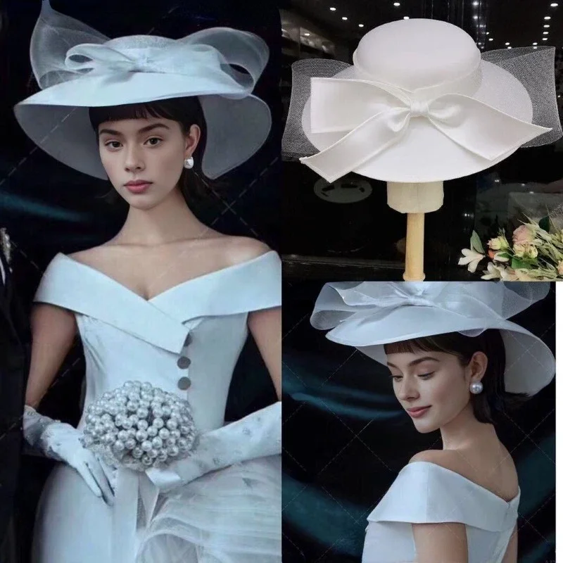 French White Bownot Satin Top Hat Women Banquet Elegant British Celebrity Dress Fascinator Bride Wedding Black Fedora Hat