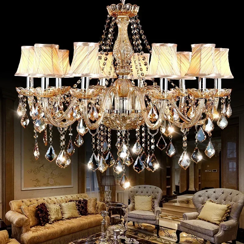 Amber/Transparent Crystal Chandelier Lights for Living Room Fixture Indoor Pendant Lamp With Lampshade E14 Socket
