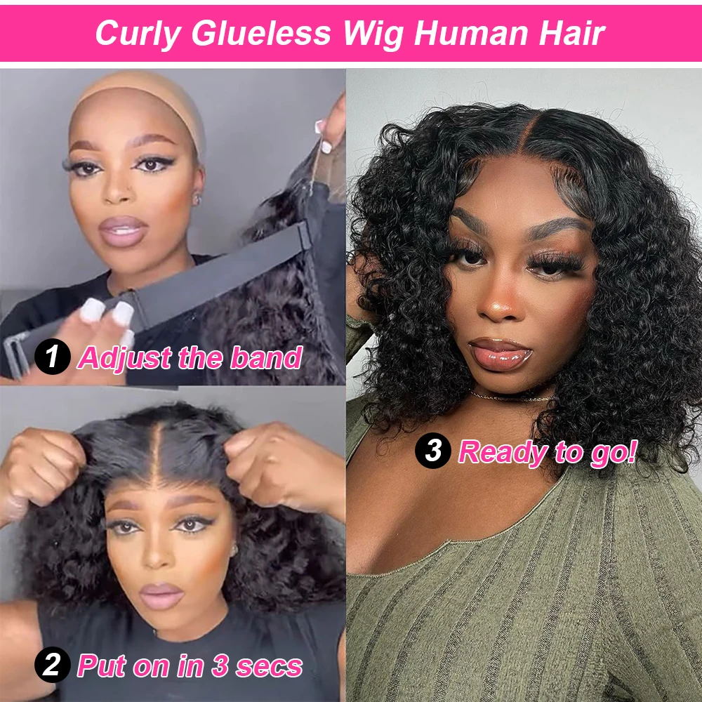 Pre Cut No Glue Water Wave 13x6 Bob Wigs Curly 7x5 Glueless Wig Human