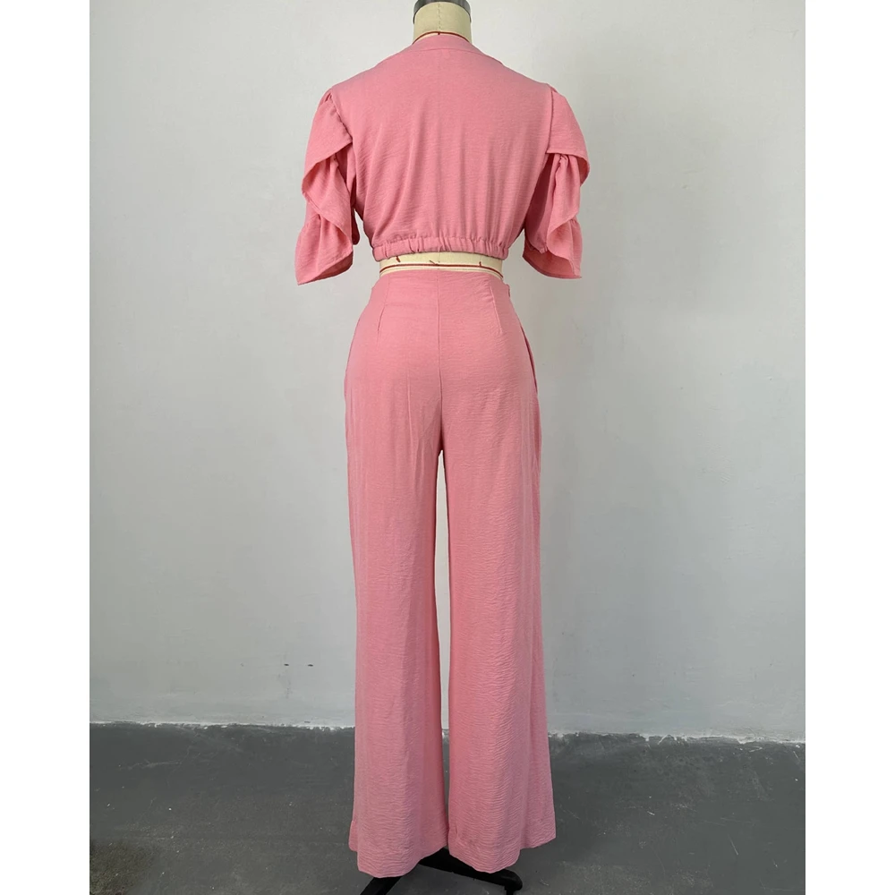 Summer Ensemble Femme 2 Pieces V-neck Flared Sleeve Crop Top & Wide Leg Pants Set Casual 2-Piece Pink Suit Sets Womens Outfits